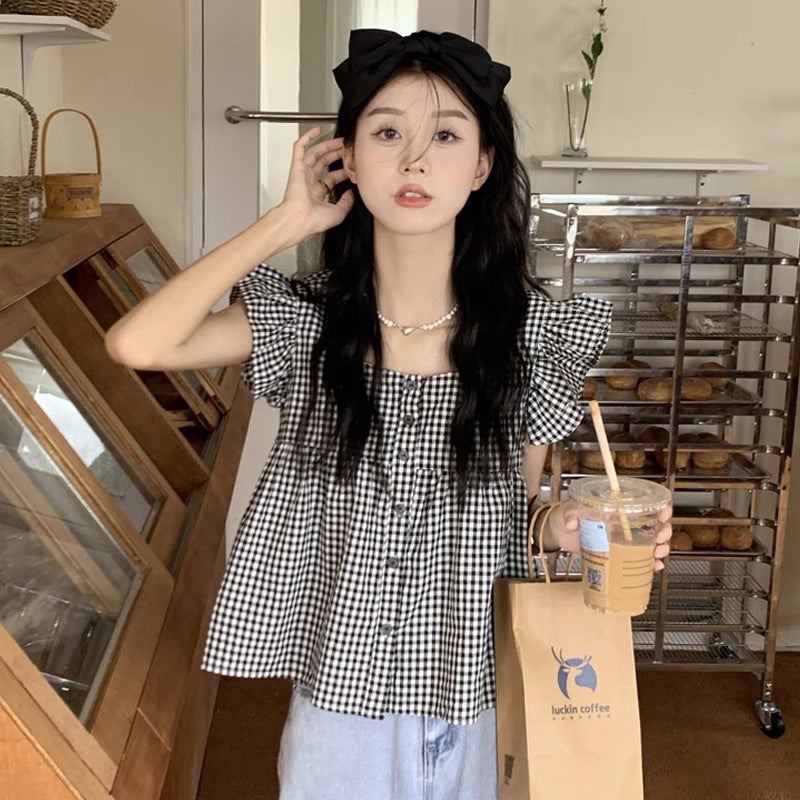 Plaid Short-Sleeved Shirt For Women Style French Small Flying Sleeve Top Design Niche Baby Doll Shirt Loose Shirt - Image 5