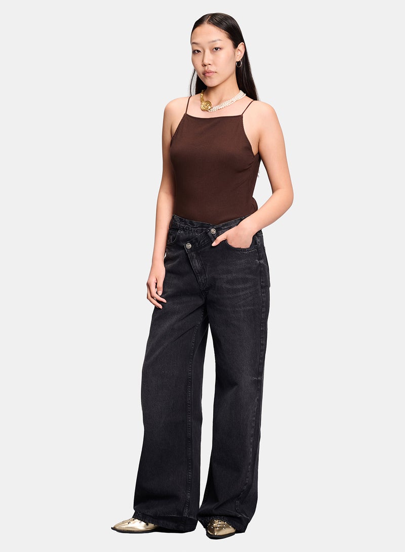 TGS Dark Grey Crossed Waist Wide Leg Women Jeans - Image 1