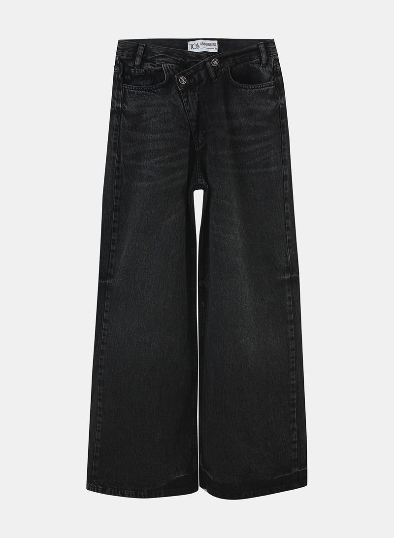TGS Dark Grey Crossed Waist Wide Leg Women Jeans - Image 3