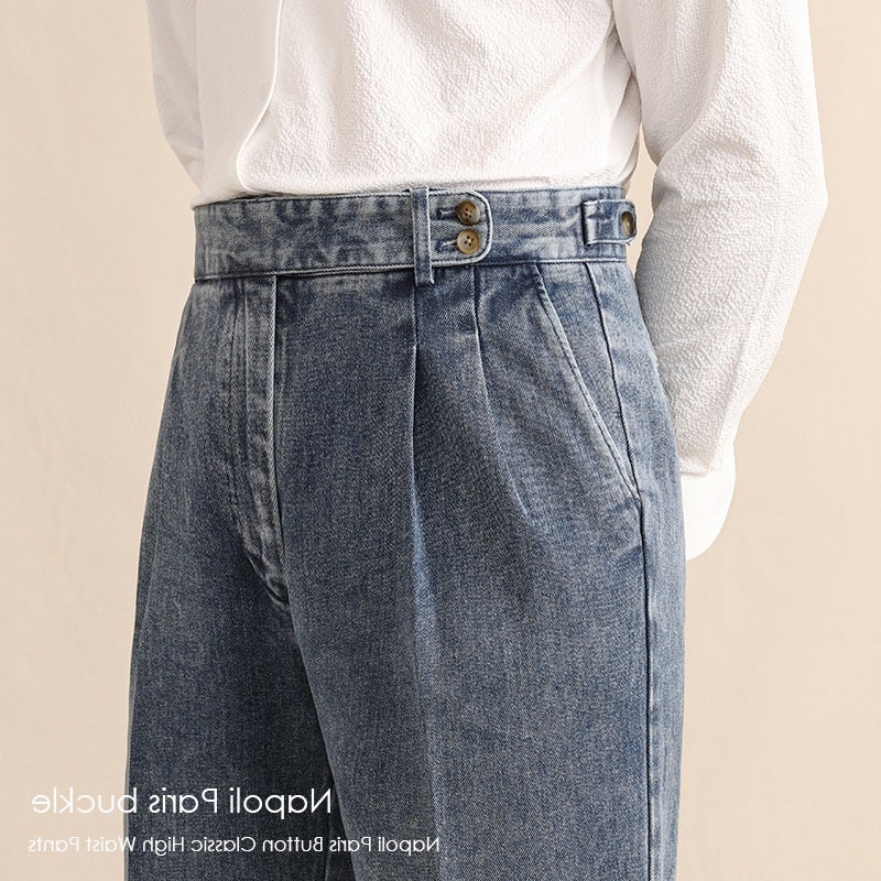 سروال جينز أزرق عالي الخصر للرجال بتصميم إيطالي مميز من نابولي، بقصة مستقيمة ومجعدة - Image 1