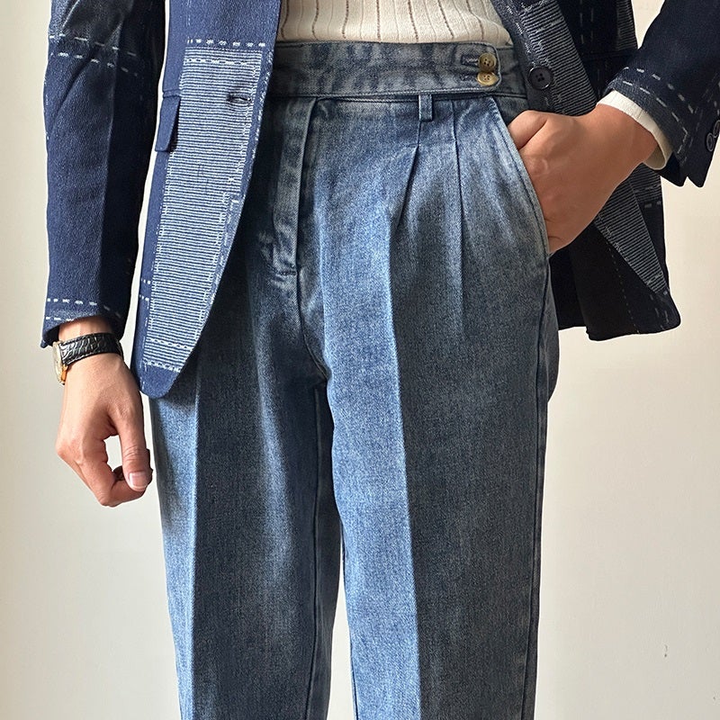 سروال جينز أزرق عالي الخصر للرجال بتصميم إيطالي مميز من نابولي، بقصة مستقيمة ومجعدة - Image 2