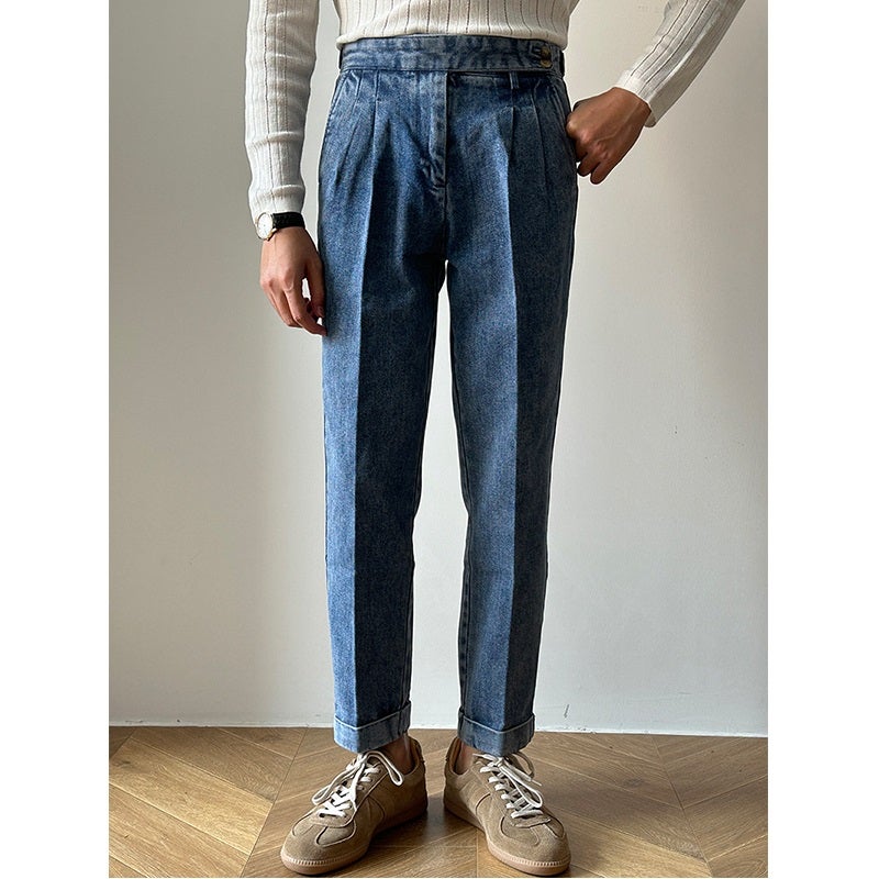 سروال جينز أزرق عالي الخصر للرجال بتصميم إيطالي مميز من نابولي، بقصة مستقيمة ومجعدة - Image 5