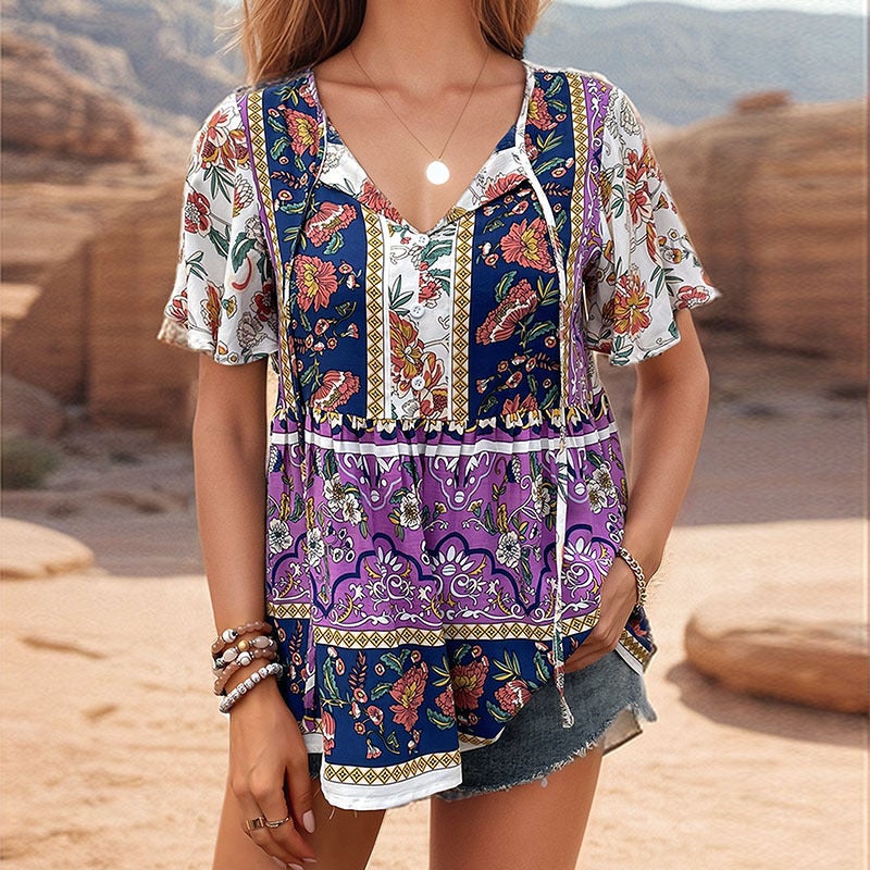 Cross-border plus size 2024 Summer New Womens Clothing European and American Casual Vacation Top Tie Printed Lotus-leaf Sleeve Shirt Purple  - Image 1