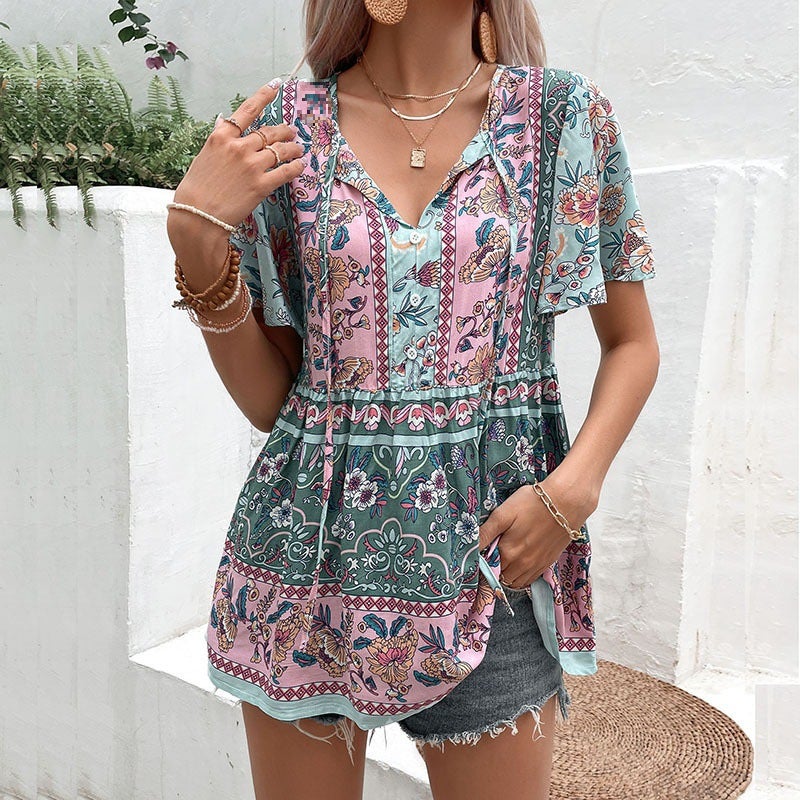 Cross-border plus size 2024 Summer New Womens Clothing European and American Casual Vacation Top Tie Printed Lotus-leaf Sleeve Shirt Purple  - Image 5