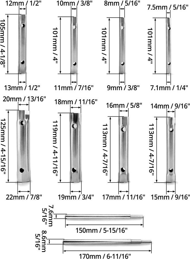 QWORK Spark Plug Wrench Set, Box Spanner Set, 10 Pcs Tubular Spanners, Steel Tube Spanner and T Bar Tool Kit 6 x 7-20 x 22 mm with 2 Tommy Bars - Image 2