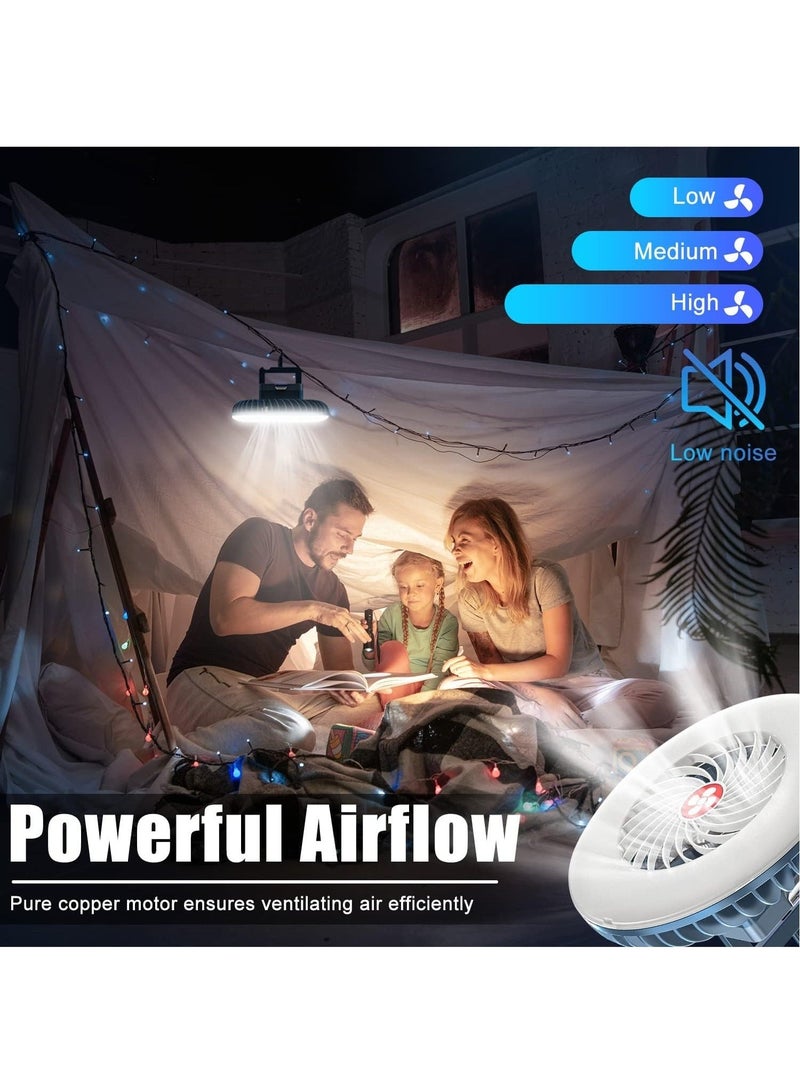 Portable Camping Fan with LED Lantern USB Rechargeable Waterproof Tent Fan with Hanging Hook Magnet Survival Kits for Indoor Outdoor Hiking Car Office Desk Outdoor Emergency Power Outage