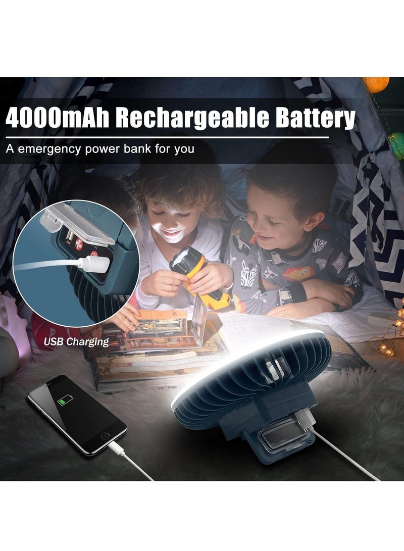 Portable Camping Fan with LED Lantern USB Rechargeable Waterproof Tent Fan with Hanging Hook Magnet Survival Kits for Indoor Outdoor Hiking Car Office Desk Outdoor Emergency Power Outage