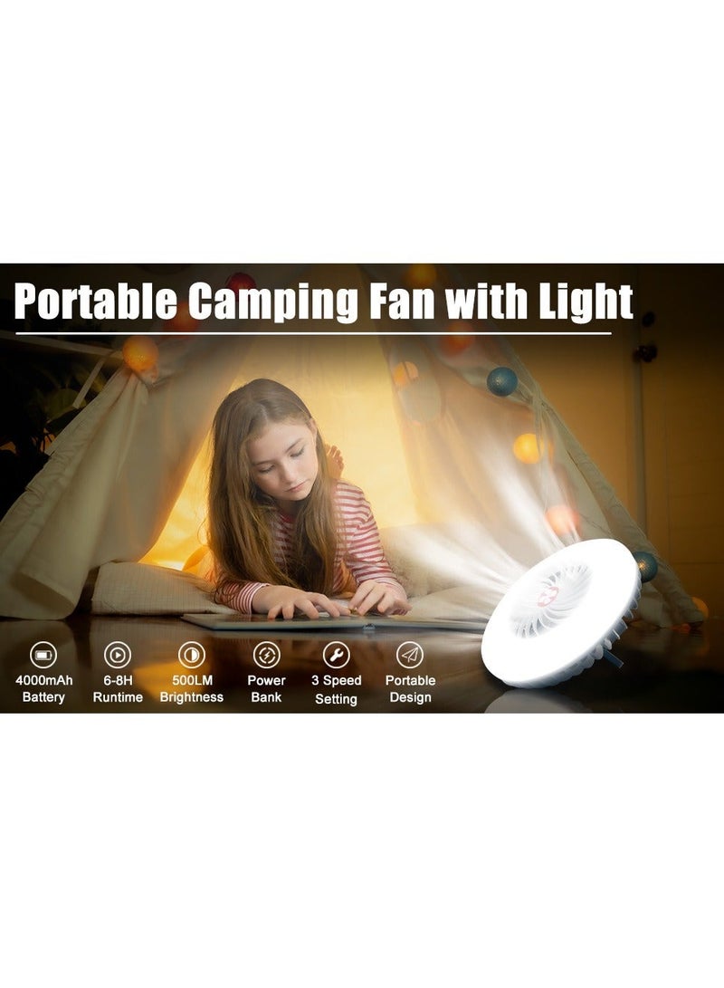 Portable Camping Fan with LED Lantern USB Rechargeable Waterproof Tent Fan with Hanging Hook Magnet Survival Kits for Indoor Outdoor Hiking Car Office Desk Outdoor Emergency Power Outage