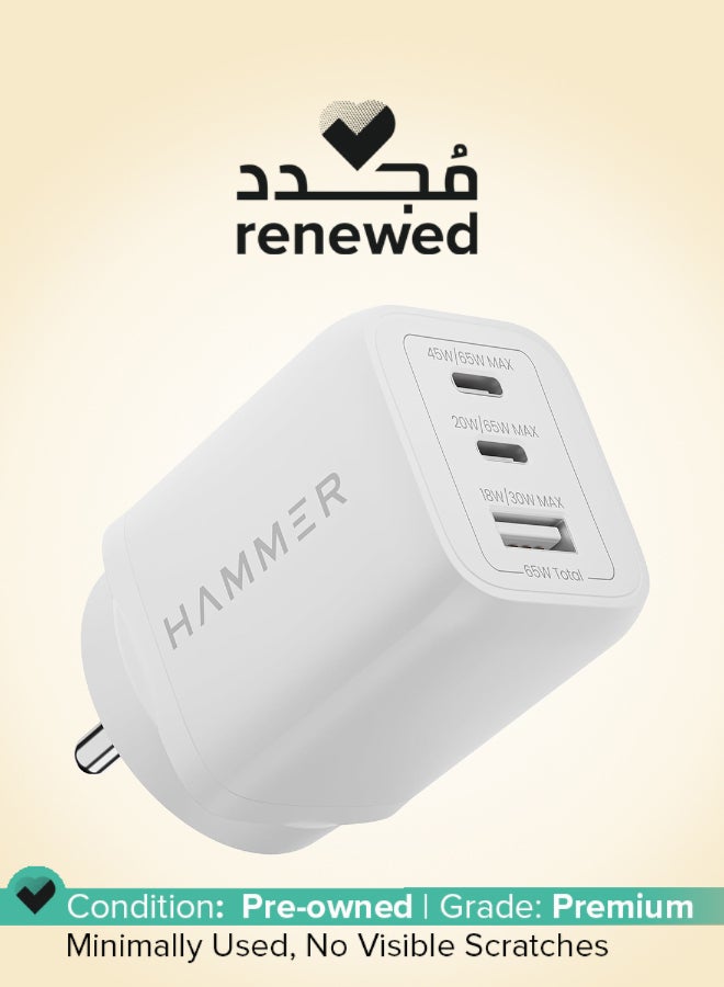 Hammer Renewed - Hammer 65W GaN Fast Charger | Dual USB-C PD & PPS + USB-A | Fast Charge for iPhone 17â€“12, Samsung S25-S23, MacBook Air/Pro, iPad | Compact Wall Adapter | - Image 1