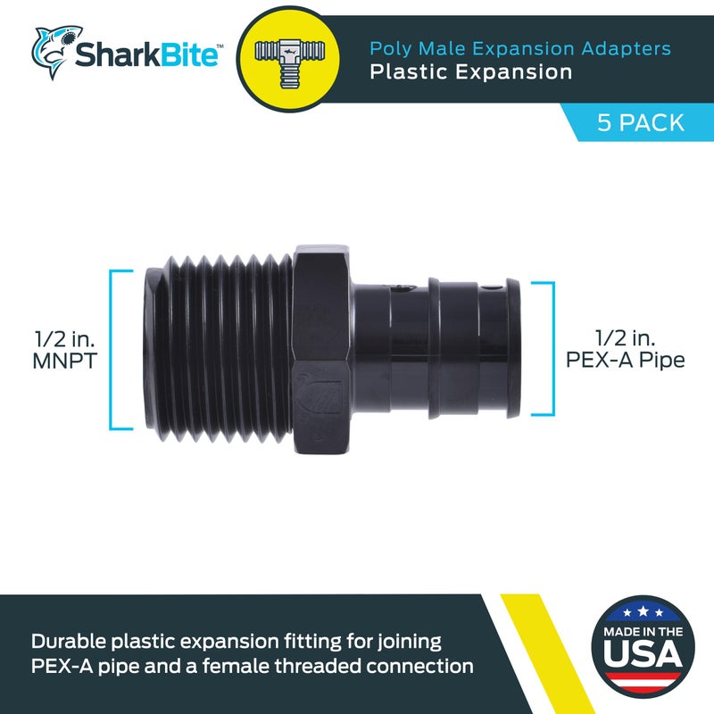 SharkBite 1/2 x 1/2 Inch Poly MNPT Expansion Adapter for PEX-A Pipe, Pack of 5, Plastic Plumbing Fittings, Male Adapter for PEX-A Tubing, UA120A5 - Image 2