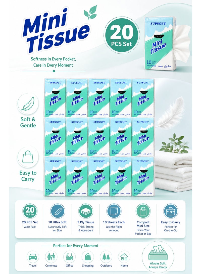 Pocket Tissue 20 Pack, Ultra Soft 3-Ply Facial Tissue, 20 Individual Travel Tissue Packs, 10 Sheets Each, Disposable Pocket Handkerchief for Travel, Office, Car & Daily Use - Image 3