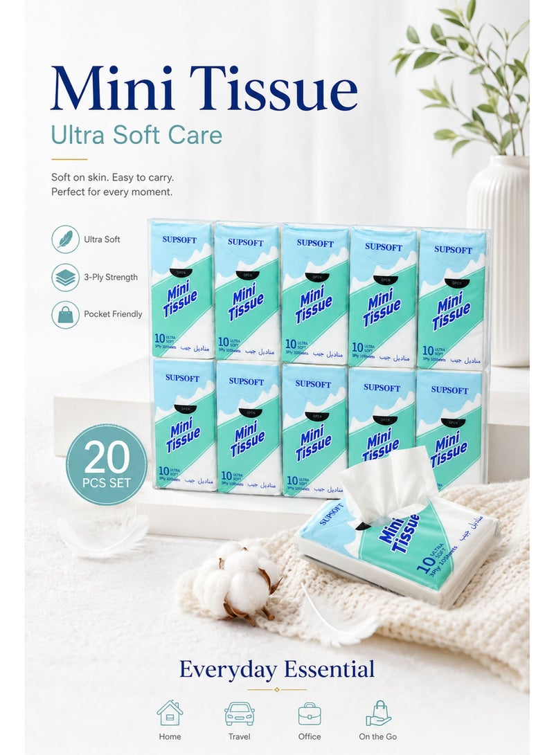 Pocket Tissue 20 Pack, Ultra Soft 3-Ply Facial Tissue, 20 Individual Travel Tissue Packs, 10 Sheets Each, Disposable Pocket Handkerchief for Travel, Office, Car & Daily Use - Image 5