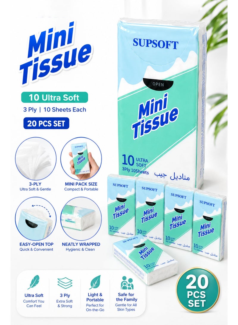 Pocket Tissue 20 Pack, Ultra Soft 3-Ply Facial Tissue, 20 Individual Travel Tissue Packs, 10 Sheets Each, Disposable Pocket Handkerchief for Travel, Office, Car & Daily Use - Image 2