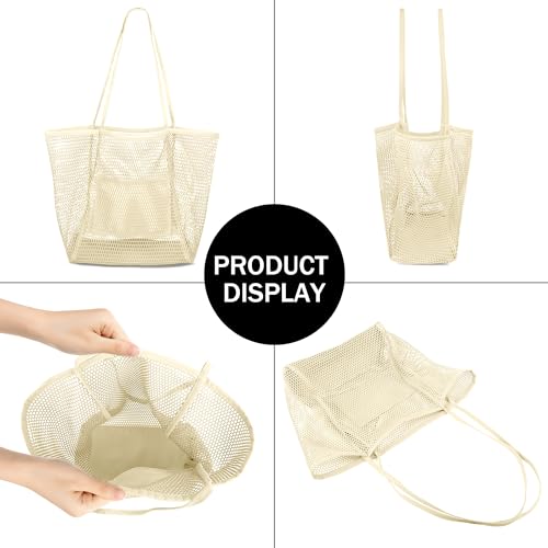 VOROLO Mesh Tote Beach Bag,Women Fairycore Hobo Bag,Shoulder Bag,Soft Summer Casual Crochet Bags(Beige) - Image 5