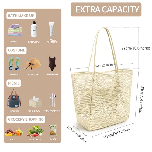 VOROLO Mesh Tote Beach Bag,Women Fairycore Hobo Bag,Shoulder Bag,Soft Summer Casual Crochet Bags(Beige) - Image 3