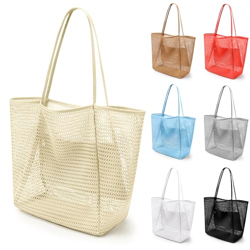 VOROLO Mesh Tote Beach Bag,Women Fairycore Hobo Bag,Shoulder Bag,Soft Summer Casual Crochet Bags(Beige) - Image 1