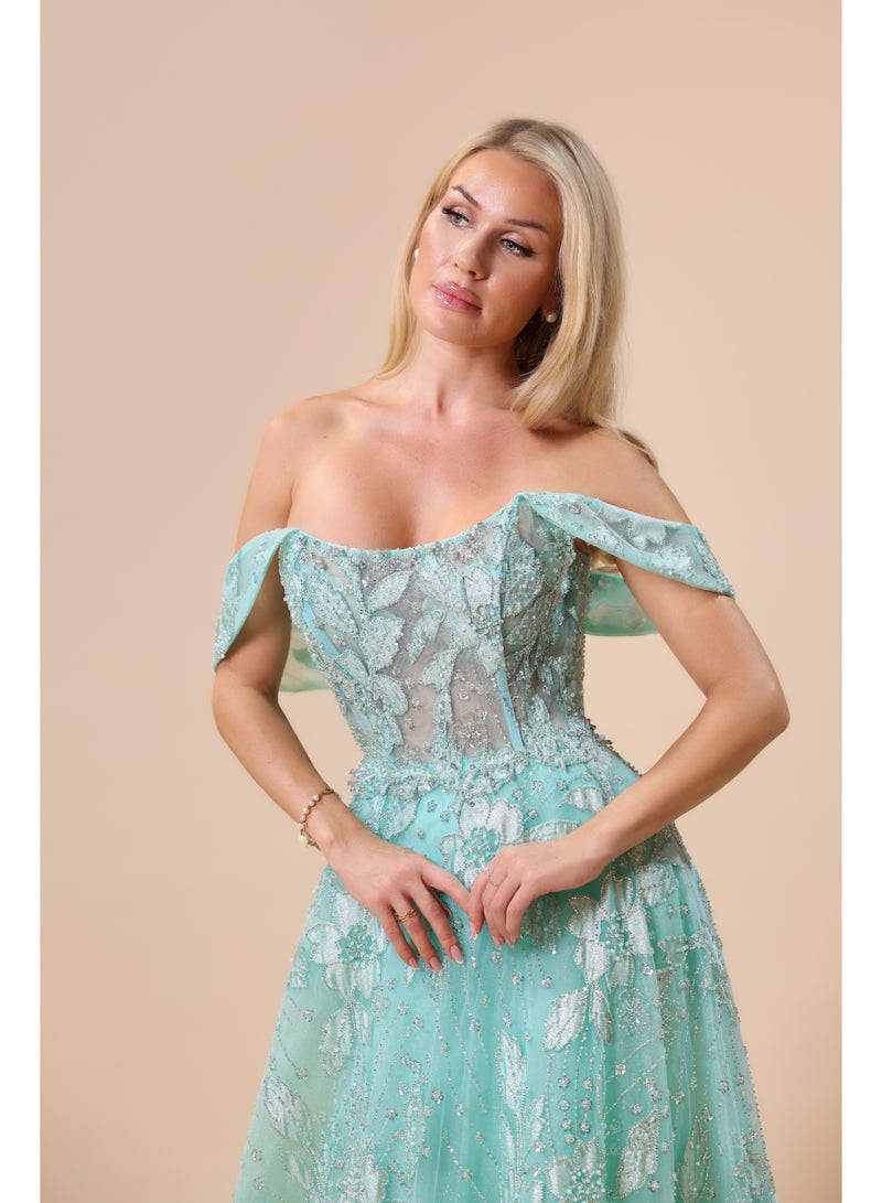 FAIZ COUTURE Elegance Mint Green Off-Shoulder Embroidered Evening Gown - Image 2