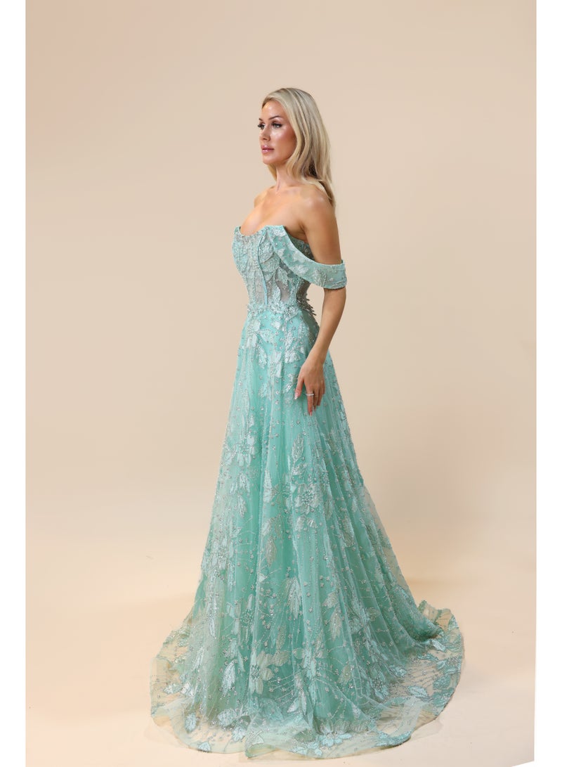 FAIZ COUTURE Elegance Mint Green Off-Shoulder Embroidered Evening Gown - Image 3
