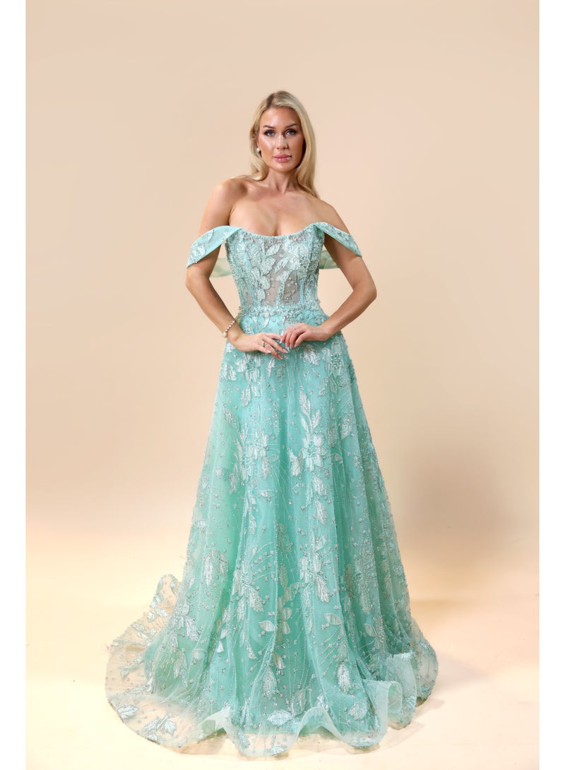FAIZ COUTURE Elegance Mint Green Off-Shoulder Embroidered Evening Gown - Image 1