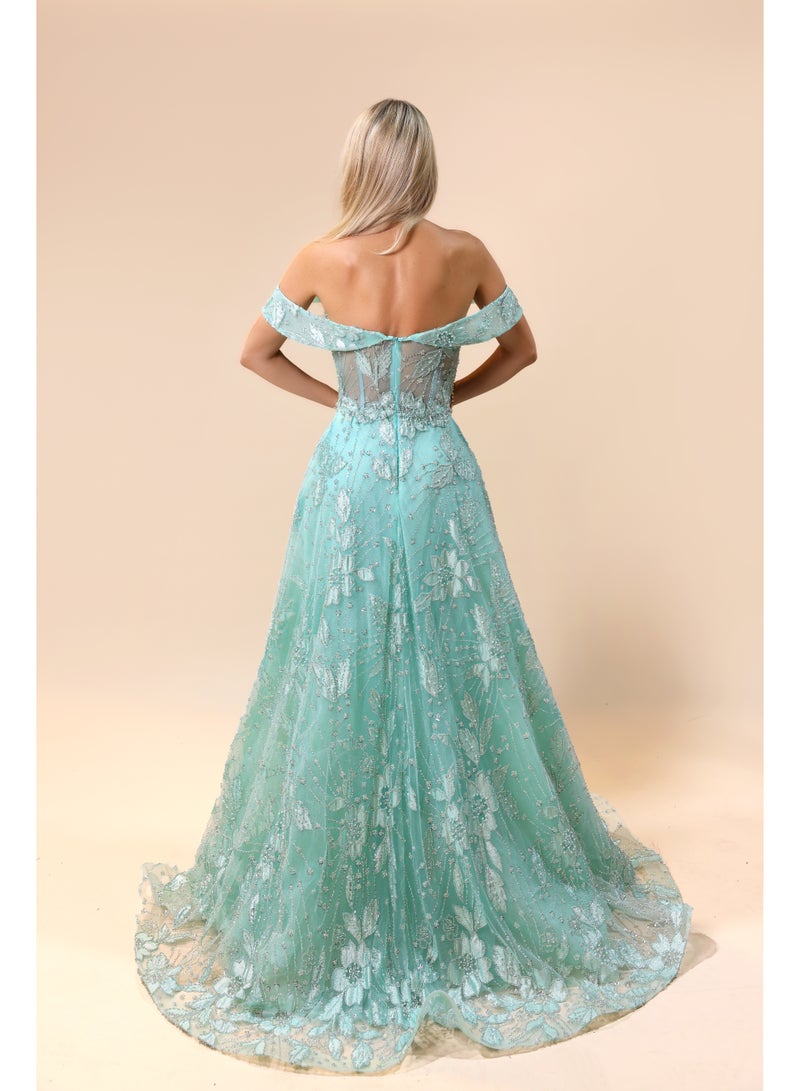 FAIZ COUTURE Elegance Mint Green Off-Shoulder Embroidered Evening Gown - Image 4