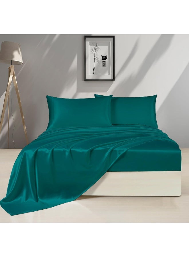 Silk Satin Bed Sheets Set - Satin Sheets Twin XL Size - 3 Piece Luxury Silky Soft Bed Sheets - Twin XL Satin Sheet Set with Deep Pocket - 1 Fitted Sheet, 1 Flat Sheet and 1 Pillowcase - Teal - Image 1