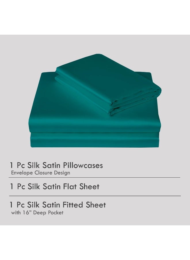 Silk Satin Bed Sheets Set - Satin Sheets Twin XL Size - 3 Piece Luxury Silky Soft Bed Sheets - Twin XL Satin Sheet Set with Deep Pocket - 1 Fitted Sheet, 1 Flat Sheet and 1 Pillowcase - Teal - Image 4