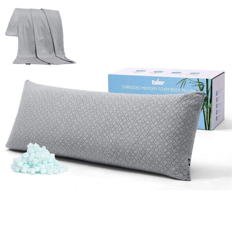 Rainmr Thick Memory Foam Body Pillow  Full Body Pillows for Side Sleeper  with Grey Cooling Pillowcase 20 x 54 inches Grey Color