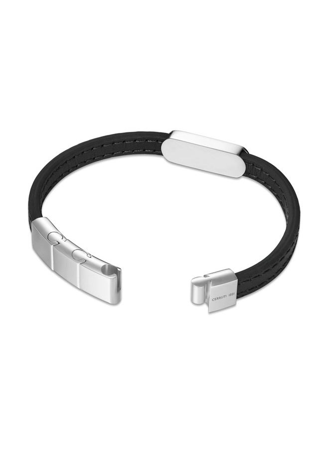 CERRUTI 1881 - Ettore Black Flat Leather and Stainless Steel Center Motif Bracelet for Men - Image 1