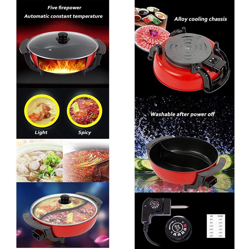Delavala Electric Heating Hot Pot MultiFunction Non Stick Smokeless Pot with Steamer Cooker with Lid Heat Frying Pan Steaming Hot Pot Cooking Cookware for Kitchen Red - Image 4