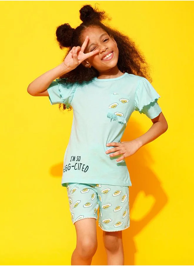 Clovia Cubs Egg-Cited Graphic Ruffled Top & Shorts Set by Styli