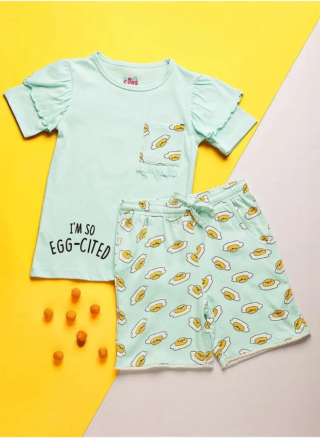 Clovia Cubs Egg-Cited Graphic Ruffled Top & Shorts Set by Styli