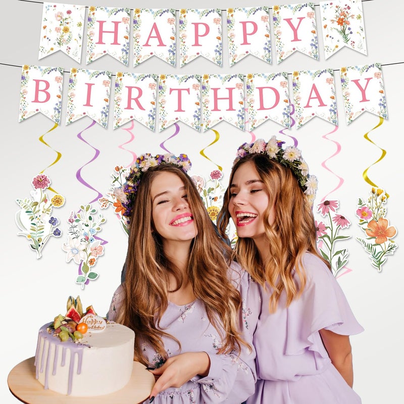 Rngmsi Flower Birthday Decorations for Girls, 11PCS Wildflower Happy Birthday Banner Garland Hanging Swirls Decoration Floral Party Decor for Women - Image 4