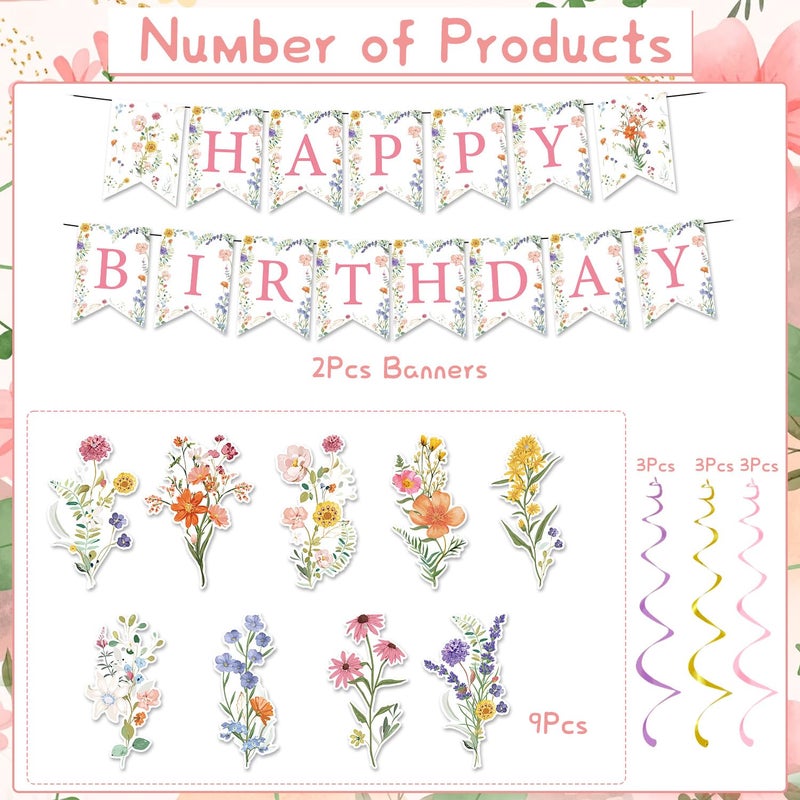 Rngmsi Flower Birthday Decorations for Girls, 11PCS Wildflower Happy Birthday Banner Garland Hanging Swirls Decoration Floral Party Decor for Women - Image 3