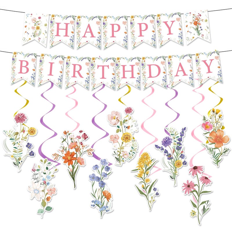 Rngmsi Flower Birthday Decorations for Girls, 11PCS Wildflower Happy Birthday Banner Garland Hanging Swirls Decoration Floral Party Decor for Women - Image 1