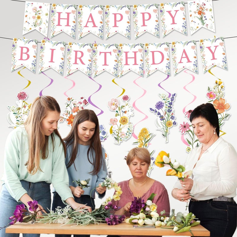 Rngmsi Flower Birthday Decorations for Girls, 11PCS Wildflower Happy Birthday Banner Garland Hanging Swirls Decoration Floral Party Decor for Women - Image 5