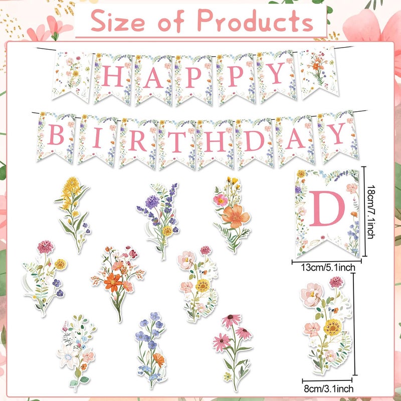 Rngmsi Flower Birthday Decorations for Girls, 11PCS Wildflower Happy Birthday Banner Garland Hanging Swirls Decoration Floral Party Decor for Women - Image 2