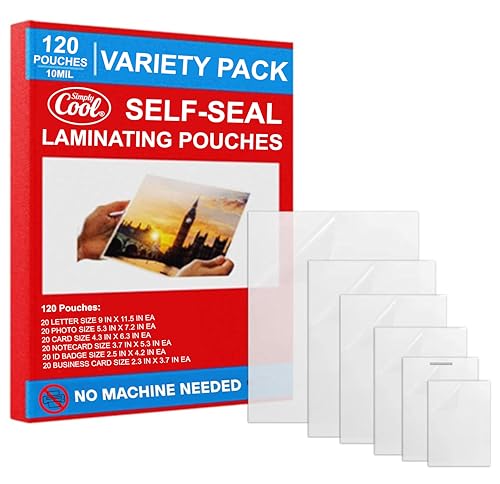 Simply Cool 10mil Self-Adhesive Cold Laminating Sheets (120 Variety Count) Letter, Photo, Card, Notecard, I.D. Badge and Business Card Sizes. No Heat, No Machine needed, Easy Self-Sealing Pouches - Image 1