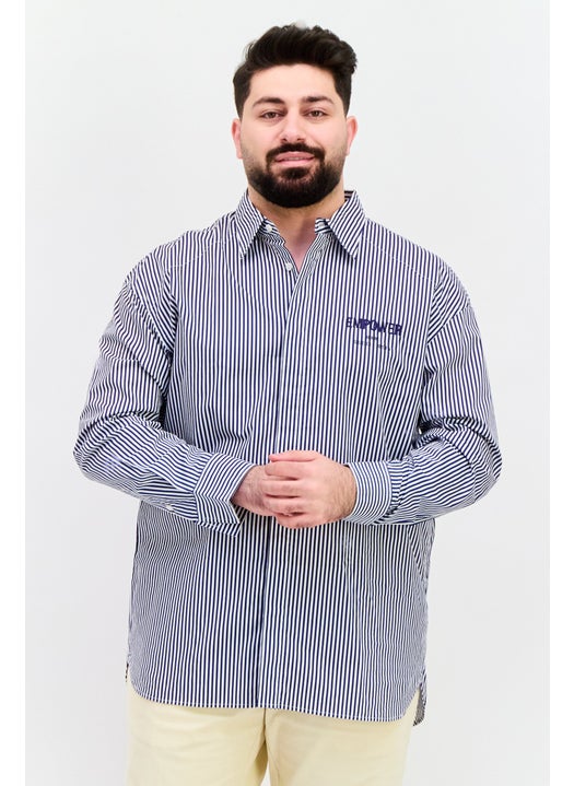 Men Regular Fit Stripe Long Sleeve Casual Shirts, White/Blue