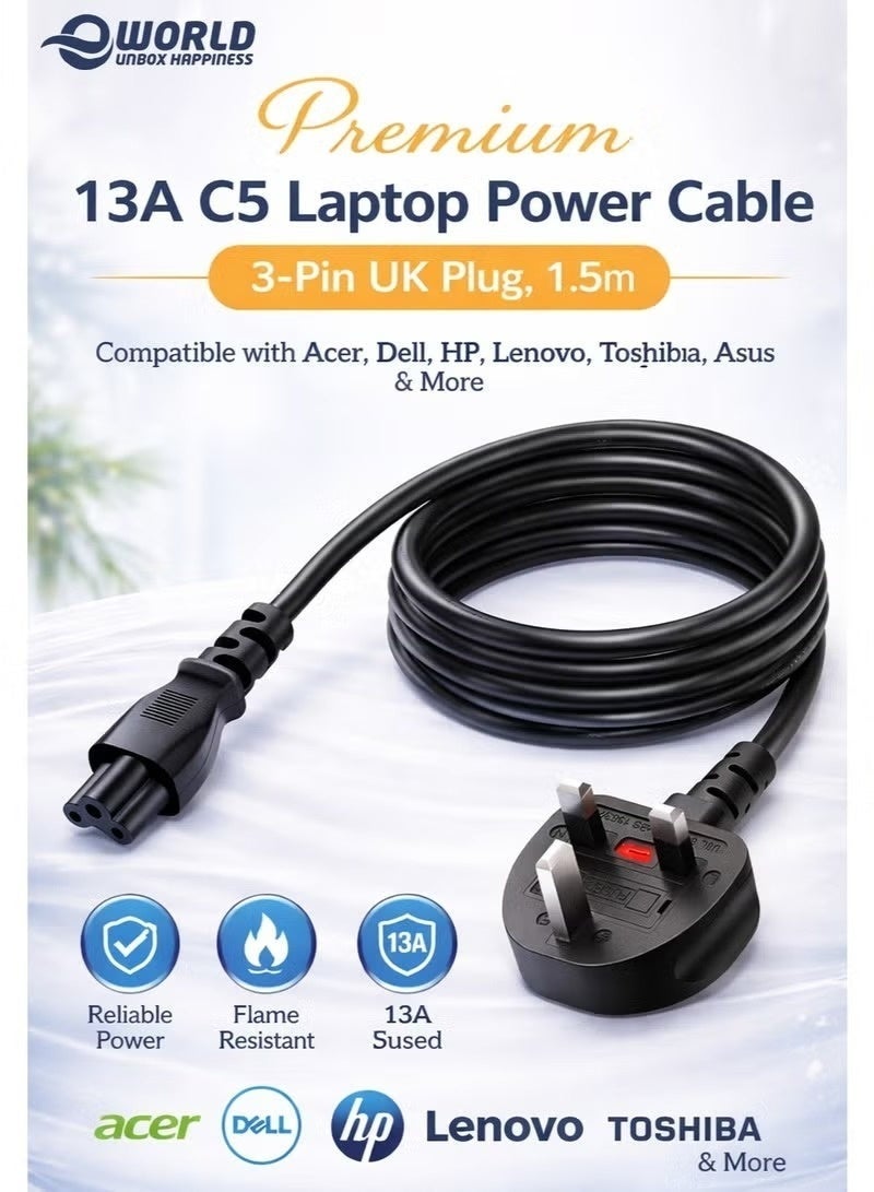 كابل طاقة لابتوب C5 بريميوم 13 أمبير بطول 1.5 متر، سلك شحن UK ثلاثي السنون، كابل طاقة IEC C5 كلوفرليف متوافق مع HP وDell وLenovo وAcer وASUS وToshiba ومزودات طاقة اللابتوب - Image 1