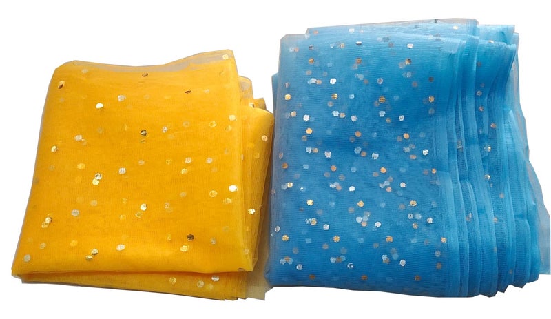 3A Featuretail Dual Color Combo of 42inch Width Dotted Mesh Net Fabric for Decoration, Fruit/Dryfruit/Gift Packing & Trousseau Tray Packing (5 Meter Each Color, Yellow & Light Blue) - Image 1