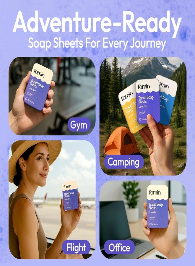 FOMIN - Paper Soap Sheets for Traveling - 100 Lavender Portable Camping Soap Sheets for Travel in Tin - Dissolvable Mini Portable Travel Soap Sheet for Hand Washing - Image 3