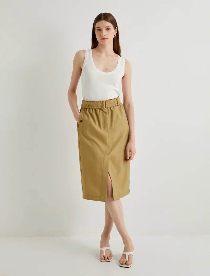 كوتون Slit Detail Belted Midi Cargo Skirt