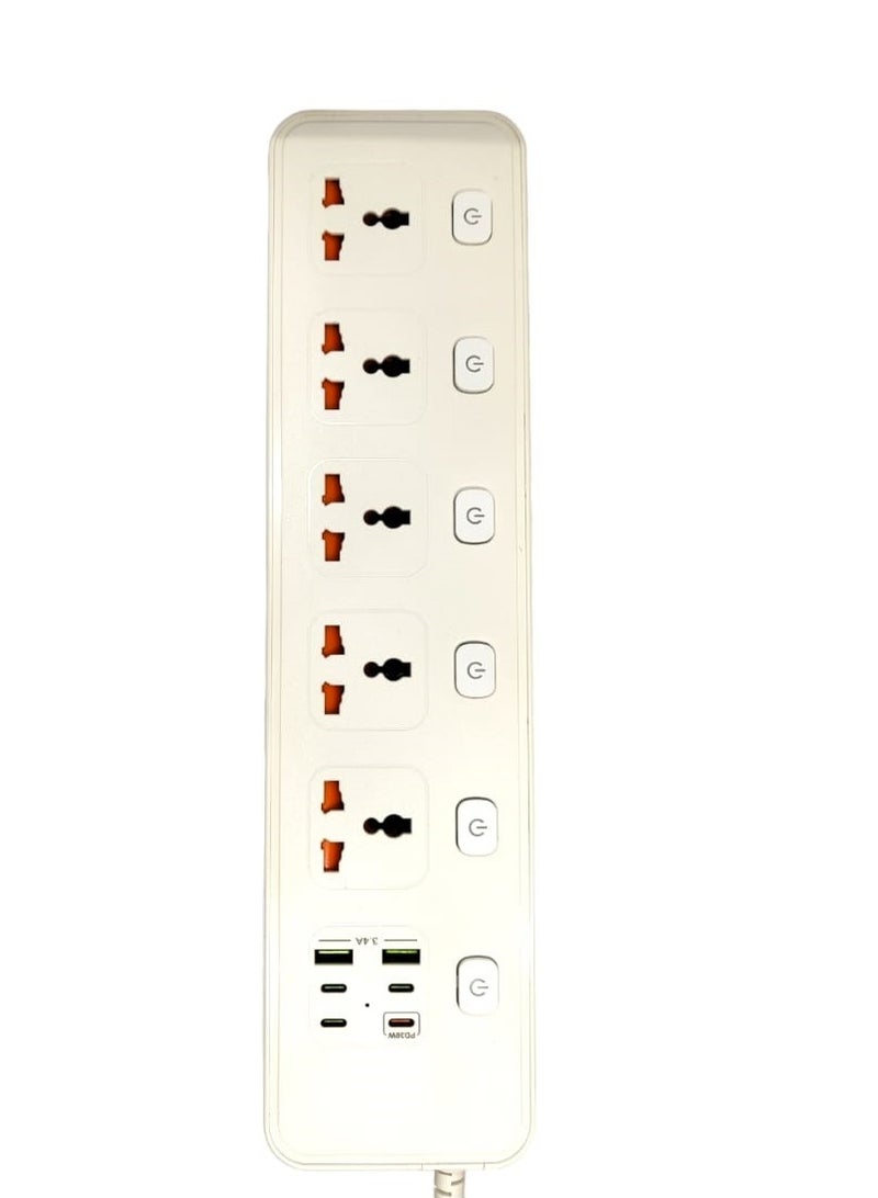Pama Power Strip with 5 Anti Static Sockets, 2 USB, 4 Type-C Ports and 2 Meter Cable Length White BKL25