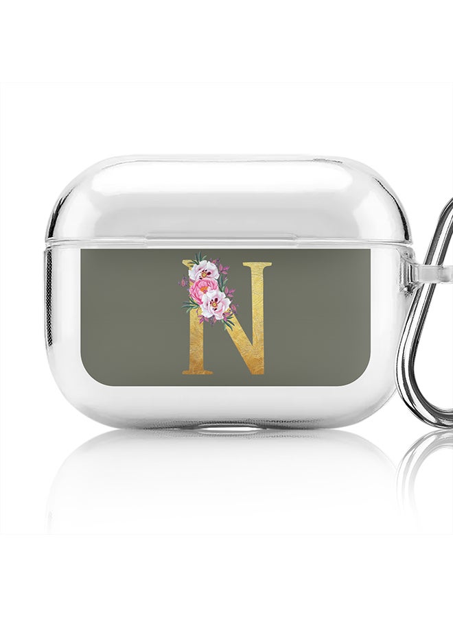 Stylizedd Classic Clear printed Case for Apple AirPods Pro 2nd Generation Thin Transparent Cover - Custom Monogram Initial Letter Floral Pattern Alphabet - N (Olive Green ) - Image 1