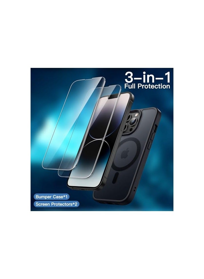 JETech 3 in 1 Magnetic Case for iPhone 14 Pro Max 6.7-Inch with 2 Pack Tempered Glass Screen Protectors, Compatible with MagSafe, Translucent Matte Back Shockproof Phone Cover (Black) - Image 4