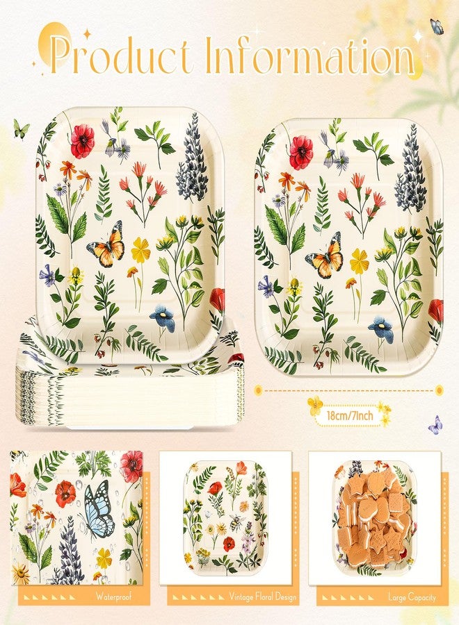 Zhehao 80 Pcs Thanksgiving Wild Floral Paper Plates Fall Flower Plates Bulk Wildflower Vintage 7 Inch Disposable Floral Dessert Garden Colorful Square for Autumn Baby Shower Wedding Party Supplies - Image 4