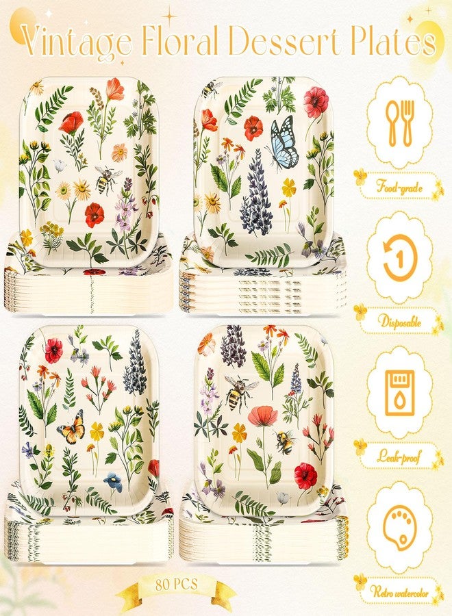 Zhehao 80 Pcs Thanksgiving Wild Floral Paper Plates Fall Flower Plates Bulk Wildflower Vintage 7 Inch Disposable Floral Dessert Garden Colorful Square for Autumn Baby Shower Wedding Party Supplies - Image 5