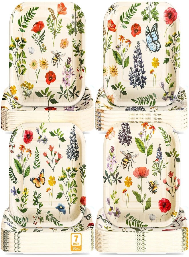 Zhehao 80 Pcs Thanksgiving Wild Floral Paper Plates Fall Flower Plates Bulk Wildflower Vintage 7 Inch Disposable Floral Dessert Garden Colorful Square for Autumn Baby Shower Wedding Party Supplies - Image 1