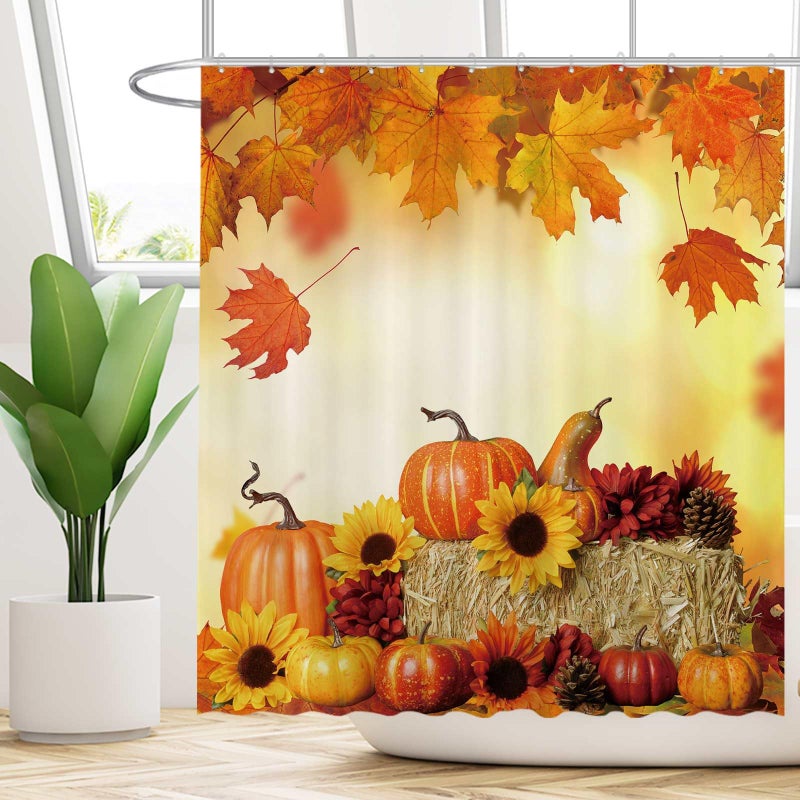Funnytree 72""x72"" Fall Pumpkins Maple Autumn Thanksgiving Sunflowers Harvest Falling Leaves Shower Curtain for Bathroom Decor Machine Washable (Hooks Not Included) - Image 2