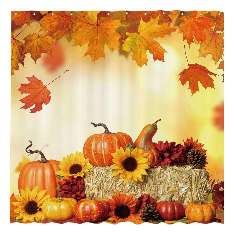 Funnytree 72""x72"" Fall Pumpkins Maple Autumn Thanksgiving Sunflowers Harvest Falling Leaves Shower Curtain for Bathroom Decor Machine Washable (Hooks Not Included) - Image 1